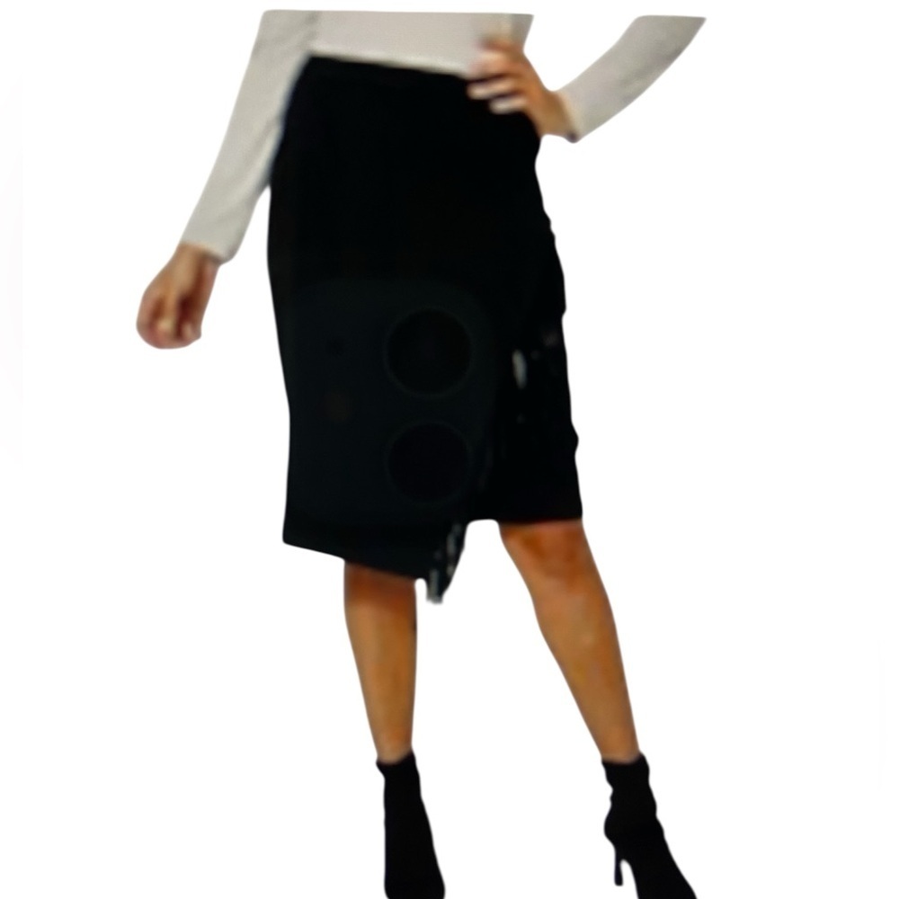 Colleen Lopez Ponte Knit Pull On Pencil Skirt With Fringe Black S New
